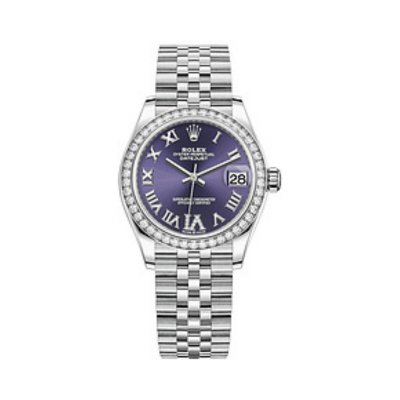 Datejust 31 Stainless Steel and White Gold Aubergine Pave Roman Dial Domed Diamond Bezel Women's Watch M278384RBR-0030