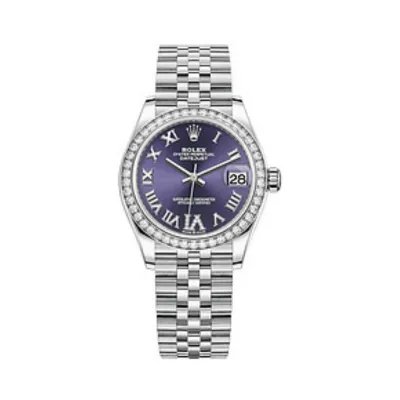 Datejust 31 Stainless Steel and White Gold Aubergine Pave Roman Dial Domed Diamond Bezel Women's Watch M278384RBR-0030 01