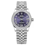 Datejust 31 Stainless Steel and White Gold Aubergine Pave Roman Dial Domed Diamond Bezel Women's Watch M278384RBR-0030