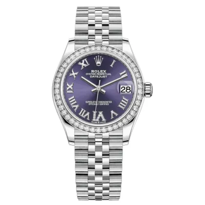 Datejust 31 Stainless Steel and White Gold Aubergine Pave Roman Dial Domed Diamond Bezel Women's Watch M278384RBR-0030 02