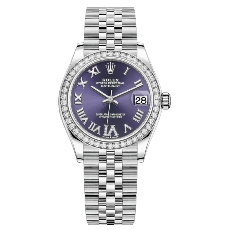 Datejust 31 Stainless Steel and White Gold Aubergine Pave Roman Dial Domed Diamond Bezel Women's Watch M278384RBR-0030