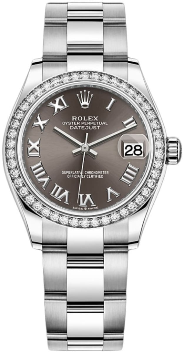 Datejust 31 Stainless Steel and White Gold Dark Grey Roman Dial Diamond Bezel Women's Watch M278384RBR-0025