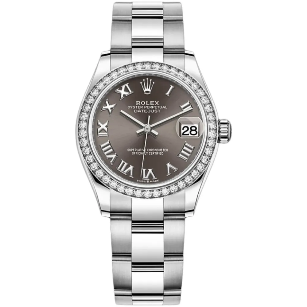 Datejust 31 Stainless Steel and White Gold Dark Grey Roman Dial Diamond Bezel Women's Watch M278384RBR-0025
