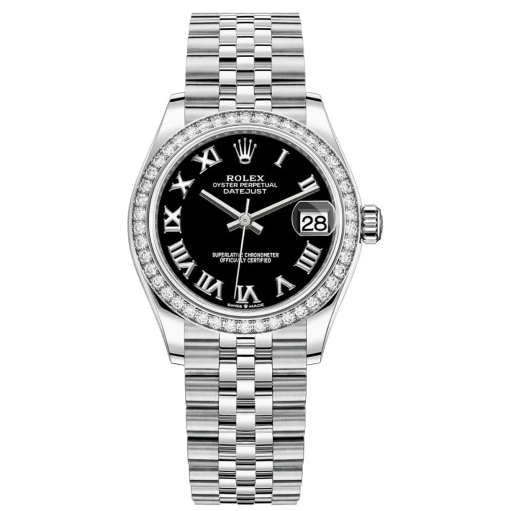 Datejust 31 Stainless Steel and White Gold Black Roman Dial Diamond Bezel Women's Watch M278384RBR-0002