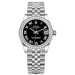 Datejust 31 Stainless Steel and White Gold Black Roman Dial Diamond Bezel Women's Watch M278384RBR-0002