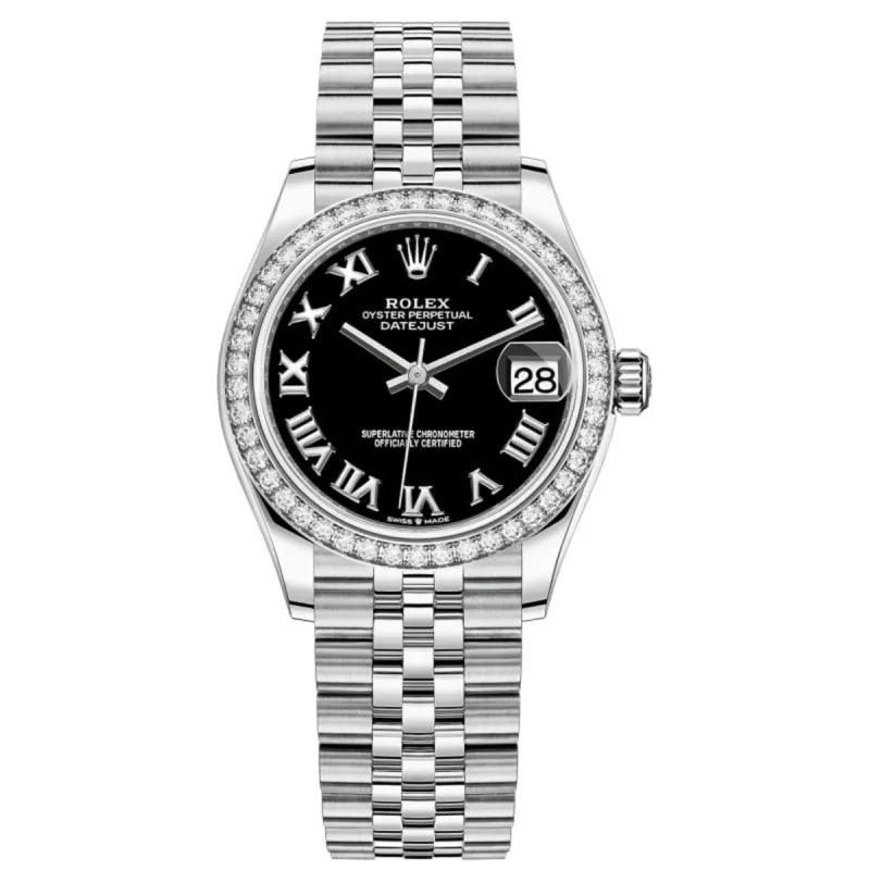 Datejust 31 Stainless Steel and White Gold Black Roman Dial Diamond Bezel Women's Watch M278384RBR-0002