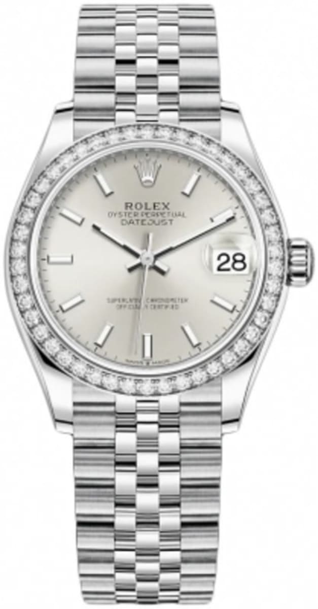 Datejust 31 Stainless Steel and White Gold Silver Dial Domed Diamond Bezel Women's Watch M278384RBR-0016