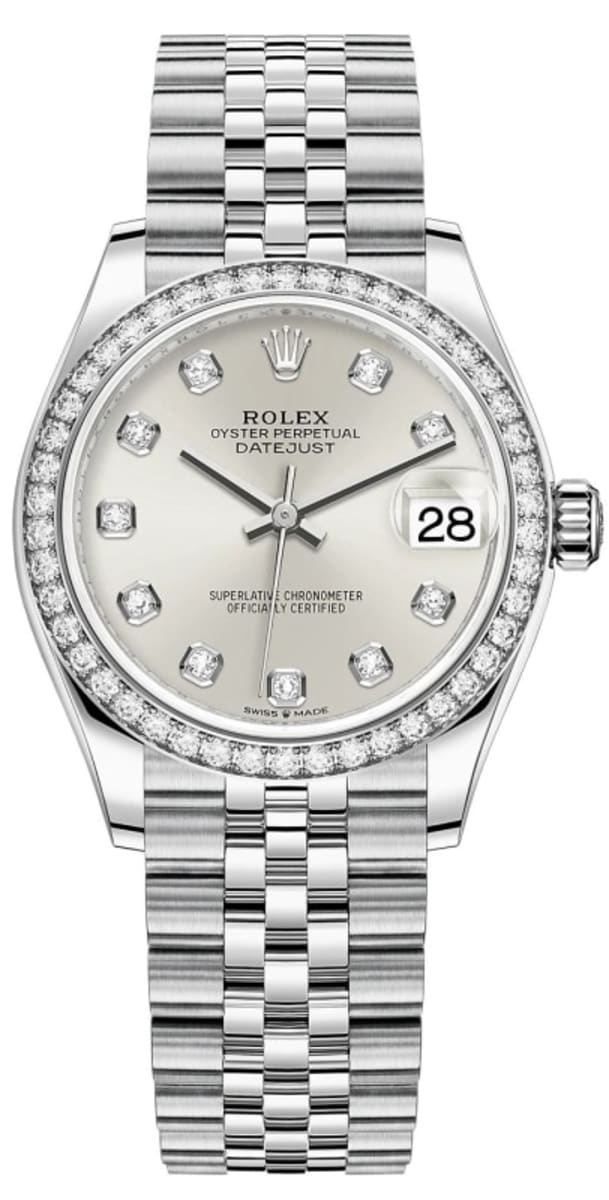Datejust 31 Stainless Steel and White Gold Silver Diamond Dial Diamond Bezel Women's Watch M278384RBR-0034
