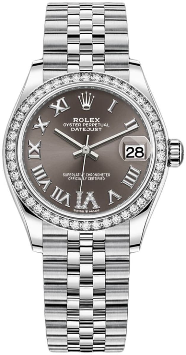 Datejust 31 Stainless Steel and White Gold Dark Grey Roman Dial Diamond Bezel Women's Watch M278384RBR-0026