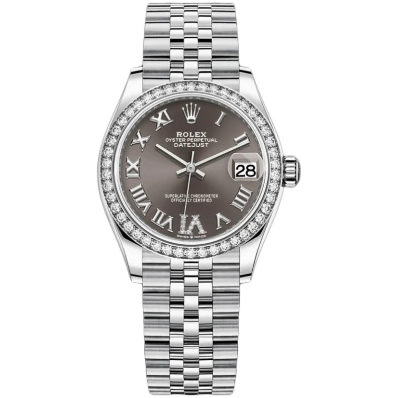 Datejust 31 Stainless Steel and White Gold Dark Grey Roman Dial Diamond Bezel Women's Watch M278384RBR-0026