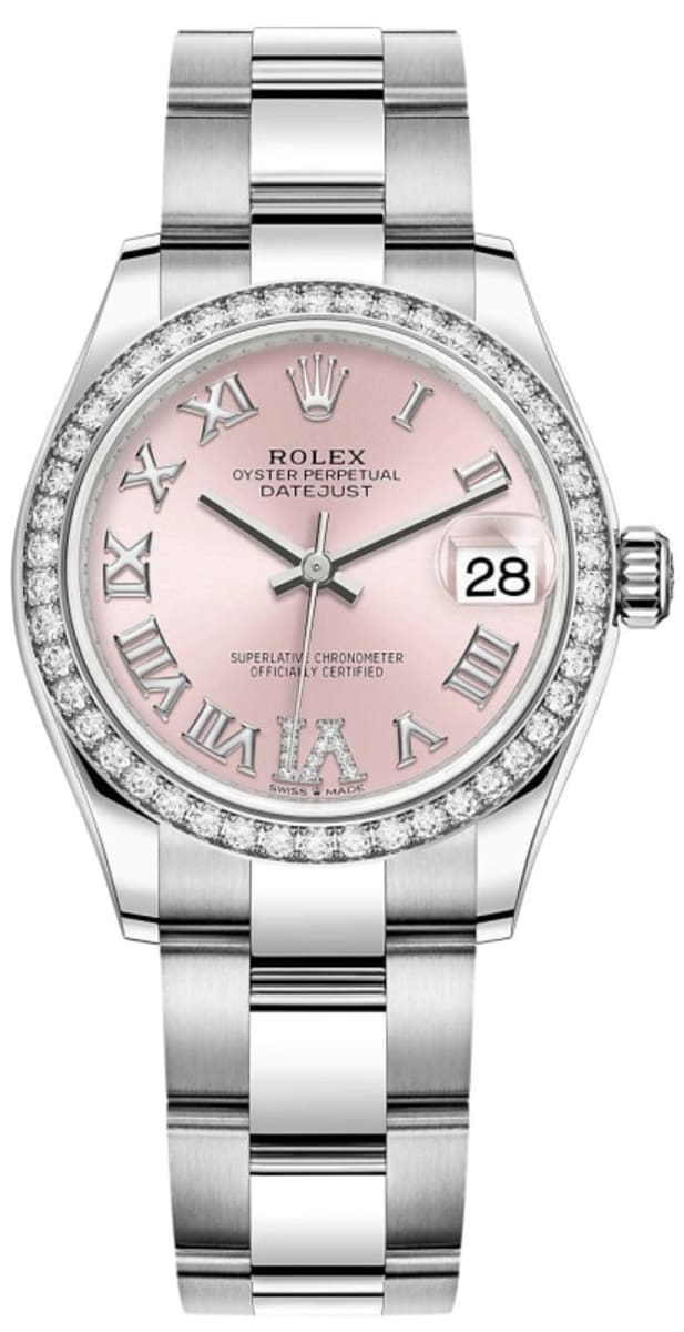 Datejust 31 Stainless Steel and White Gold Pink Pave Roman Dial Diamond Bezel Women's Watch M278384RBR-0027
