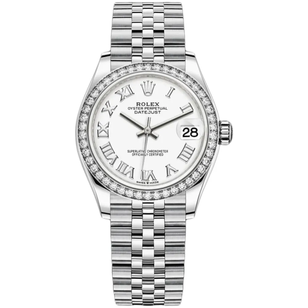 Datejust 31 Stainless Steel and White Gold White Roman Dial Diamond Bezel Women's Watch M278384RBR-0014