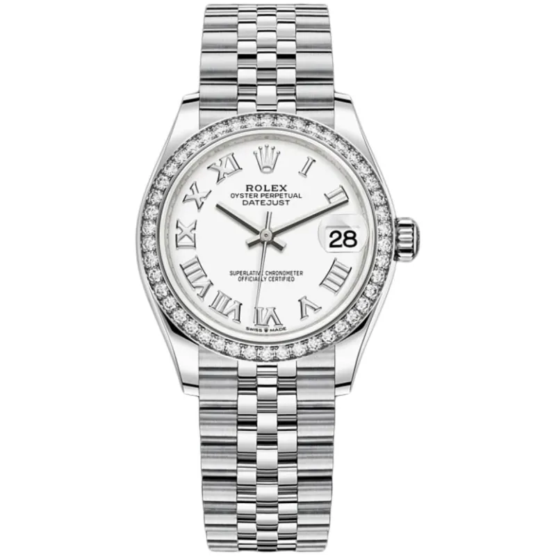 Datejust 31 Stainless Steel and White Gold White Roman Dial Diamond Bezel Women's Watch M278384RBR-0014