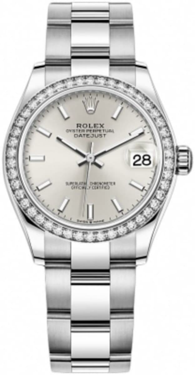 Datejust 31 Stainless Steel and White Gold Silver Dial Domed Diamond Bezel Women's Watch M278384RBR-0015