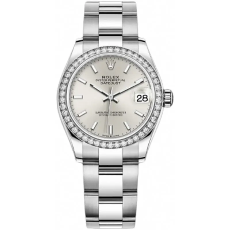 Datejust 31 Stainless Steel and White Gold Silver Dial Domed Diamond Bezel Women's Watch M278384RBR-0015