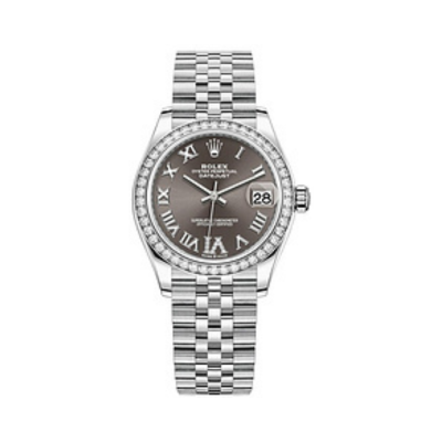 Datejust 31 Stainless Steel and White Gold Dark Grey Pave Roman Dial Diamond Bezel Women's Watch M278384RBR-0032