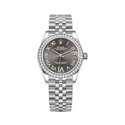 Datejust 31 Stainless Steel and White Gold Dark Grey Pave Roman Dial Diamond Bezel Women's Watch M278384RBR-0032 01