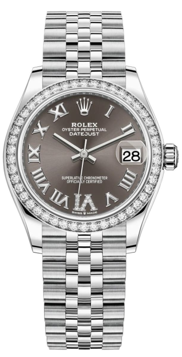 Datejust 31 Stainless Steel and White Gold Dark Grey Pave Roman Dial Diamond Bezel Women's Watch M278384RBR-0032
