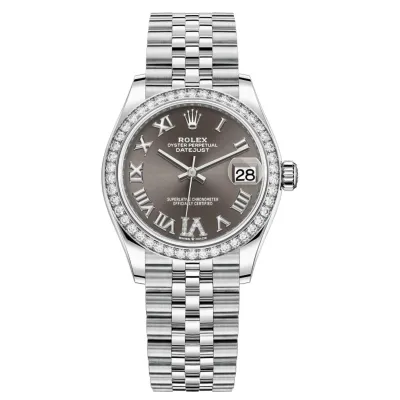Datejust 31 Stainless Steel and White Gold Dark Grey Pave Roman Dial Diamond Bezel Women's Watch M278384RBR-0032 02