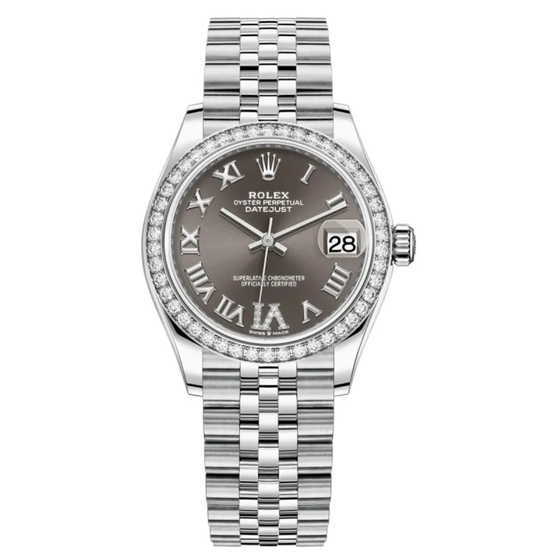 Datejust 31 Stainless Steel and White Gold Dark Grey Pave Roman Dial Diamond Bezel Women's Watch M278384RBR-0032