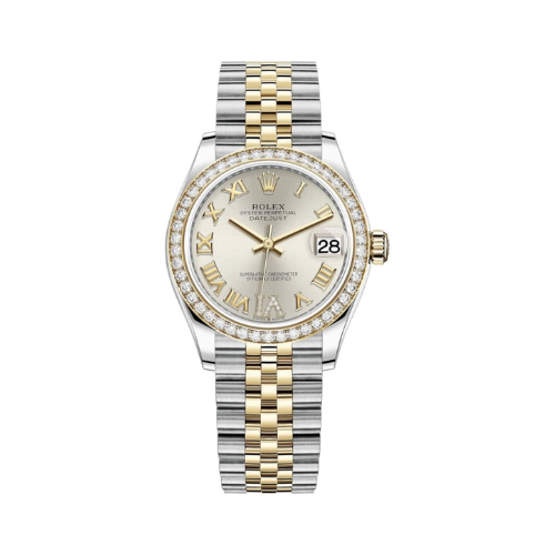 Datejust 31 Stainless Steel and Yellow Gold Silver Pave Roman Dial Diamond Bezel Women's Watch M278383RBR-0004