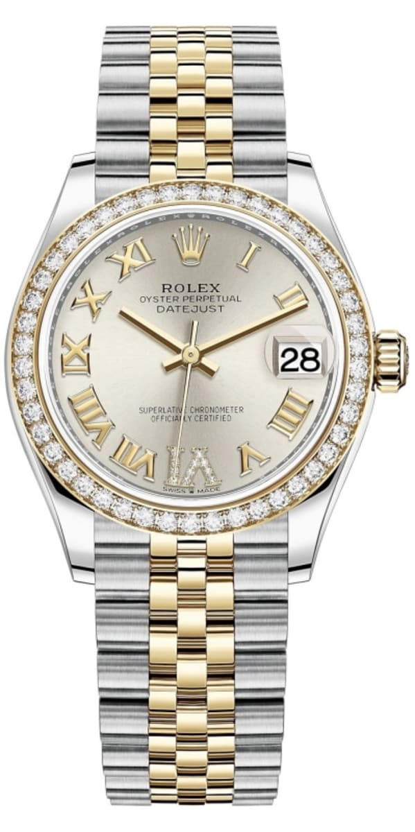 Datejust 31 Stainless Steel and Yellow Gold Silver Pave Roman Dial Diamond Bezel Women's Watch M278383RBR-0004