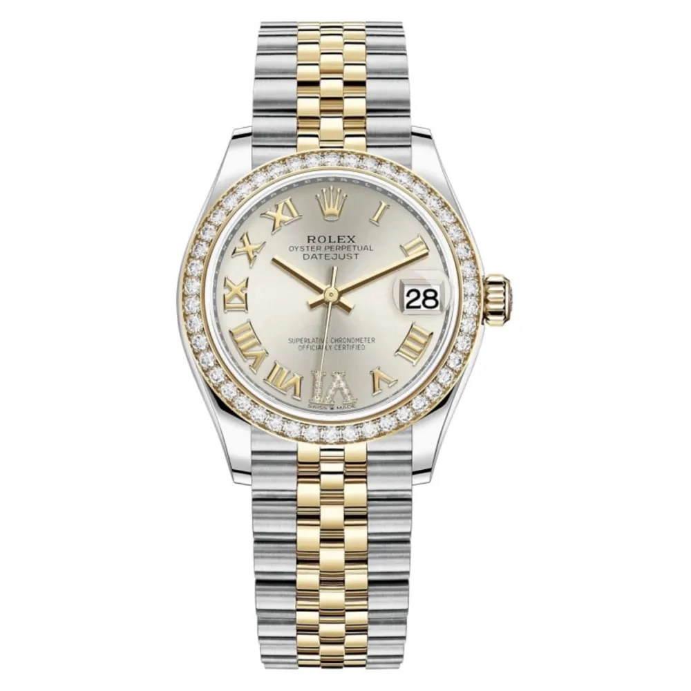 Datejust 31 Stainless Steel and Yellow Gold Silver Pave Roman Dial Diamond Bezel Women's Watch M278383RBR-0004