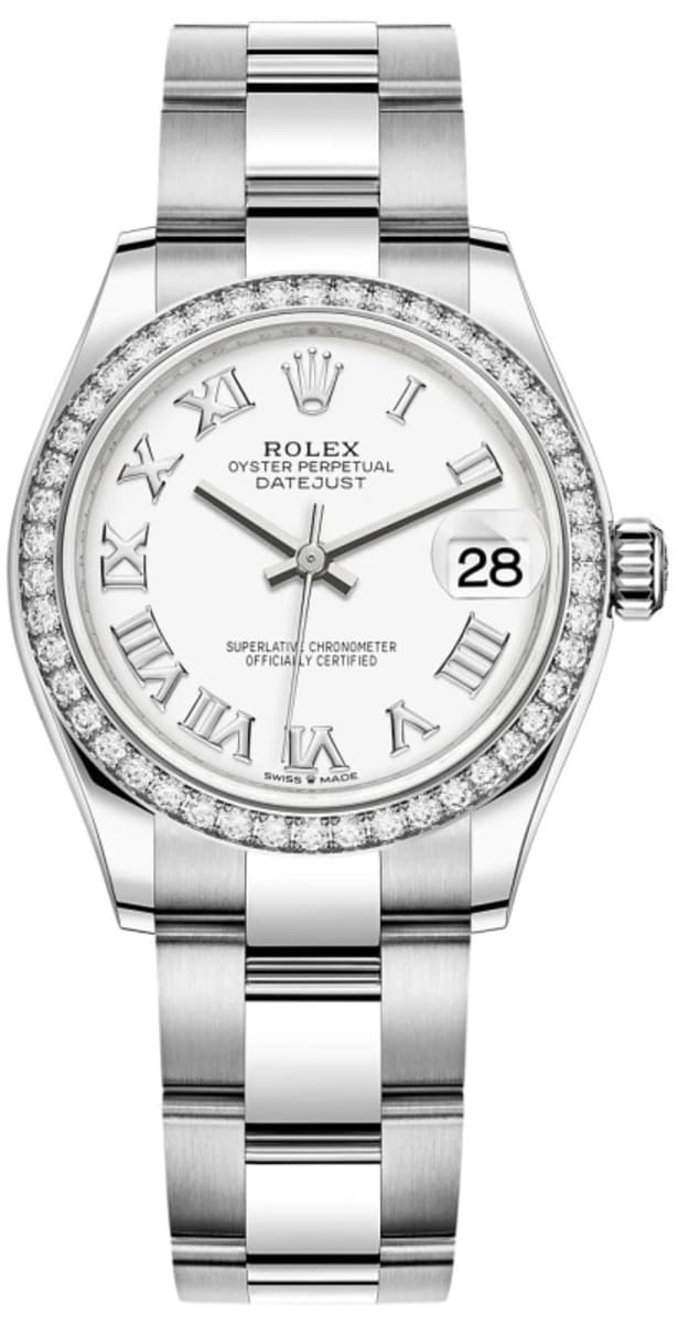 Datejust 31 Stainless Steel and White Gold White Roman Dial Diamond Bezel Women's Watch M278384RBR-0013