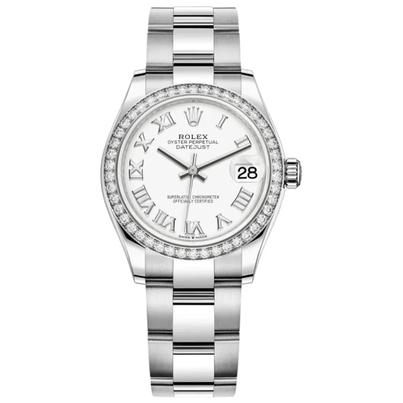 Datejust 31 Stainless Steel and White Gold White Roman Dial Diamond Bezel Women's Watch M278384RBR-0013