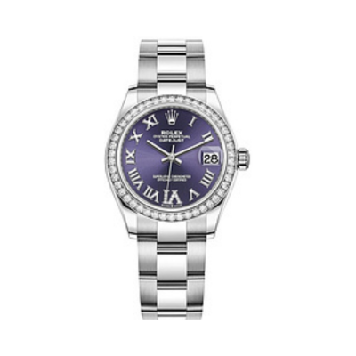Datejust 31 Stainless Steel and White Gold Aubergine Pave Roman Dial Domed Diamond Bezel Women's Watch M278384RBR-0029
