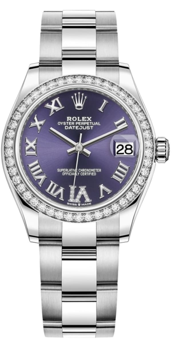 Datejust 31 Stainless Steel and White Gold Aubergine Pave Roman Dial Domed Diamond Bezel Women's Watch M278384RBR-0029