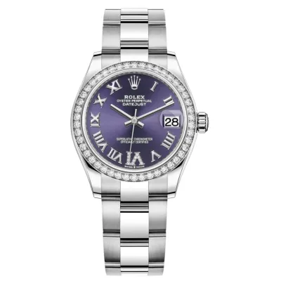 Datejust 31 Stainless Steel and White Gold Aubergine Pave Roman Dial Domed Diamond Bezel Women's Watch M278384RBR-0029 02