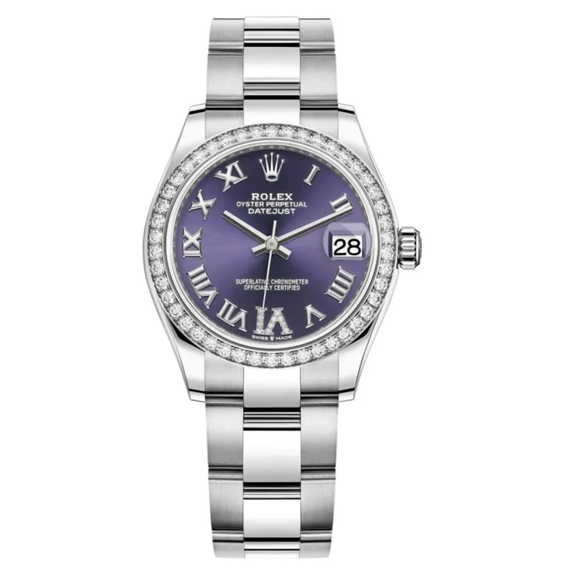 Datejust 31 Stainless Steel and White Gold Aubergine Pave Roman Dial Domed Diamond Bezel Women's Watch M278384RBR-0029