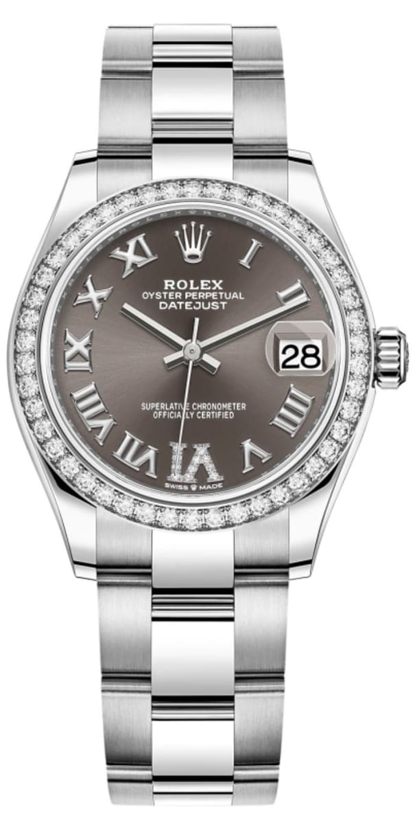 Datejust 31 Stainless Steel and White Gold Dark Grey Pave Roman Dial Diamond Bezel Women's Watch M278384RBR-0031