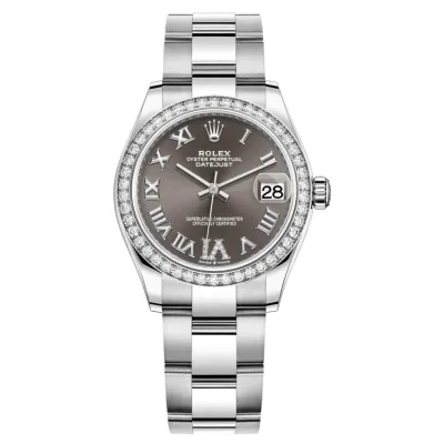 Datejust 31 Stainless Steel and White Gold Dark Grey Pave Roman Dial Diamond Bezel Women's Watch M278384RBR-0031 02