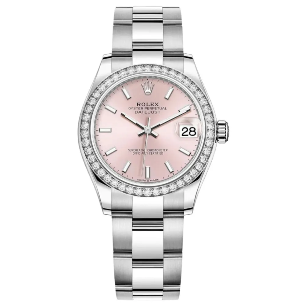 Datejust 31 Stainless Steel and White Gold Pink Dial Diamond Bezel Women's Watch M278384RBR-0017