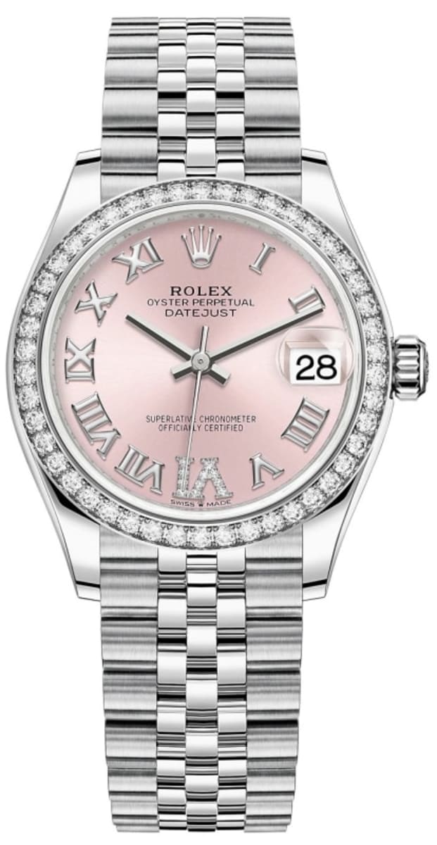 Datejust 31 Stainless Steel and White Gold Pink Pave Roman Dial Diamond Bezel Women's Watch M278384RBR-0028