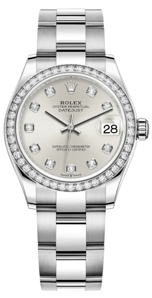 Datejust 31 Stainless Steel and White Gold Silver Diamond Dial Diamond Bezel Women's Watch M278384RBR-0033