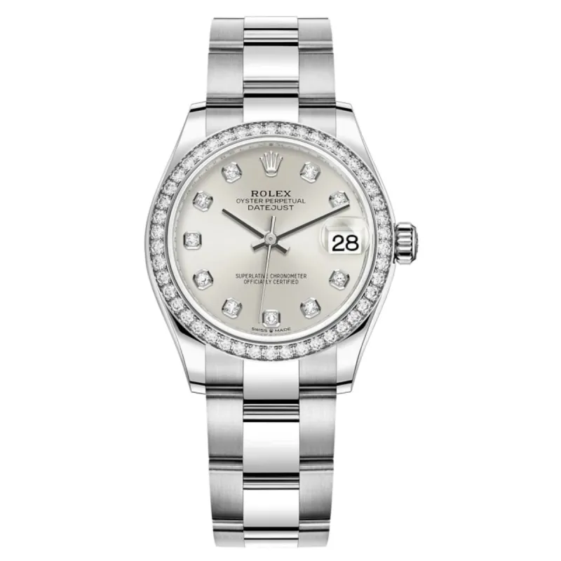 Datejust 31 Stainless Steel and White Gold Silver Diamond Dial Diamond Bezel Women's Watch M278384RBR-0033