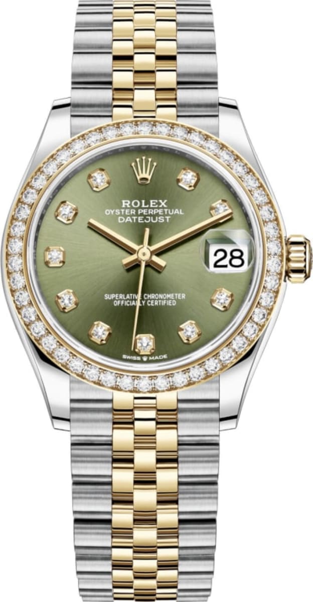 Datejust 31 Stainless Steel and Yellow Gold Olive Green Diamond Dial Diamond Bezel Women's Watch M278383RBR-0030