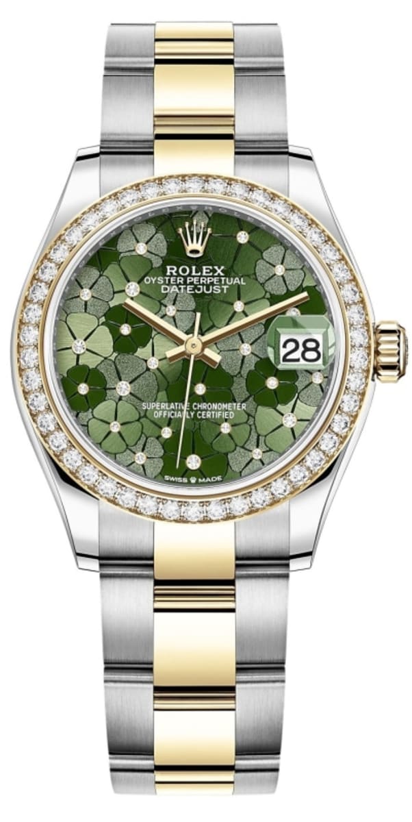 Datejust 31 Stainless Steel and Yellow Gold Olive Green Floral-Motif Diamond Dial Diamond Bezel Women's Watch M278383RBR-0031