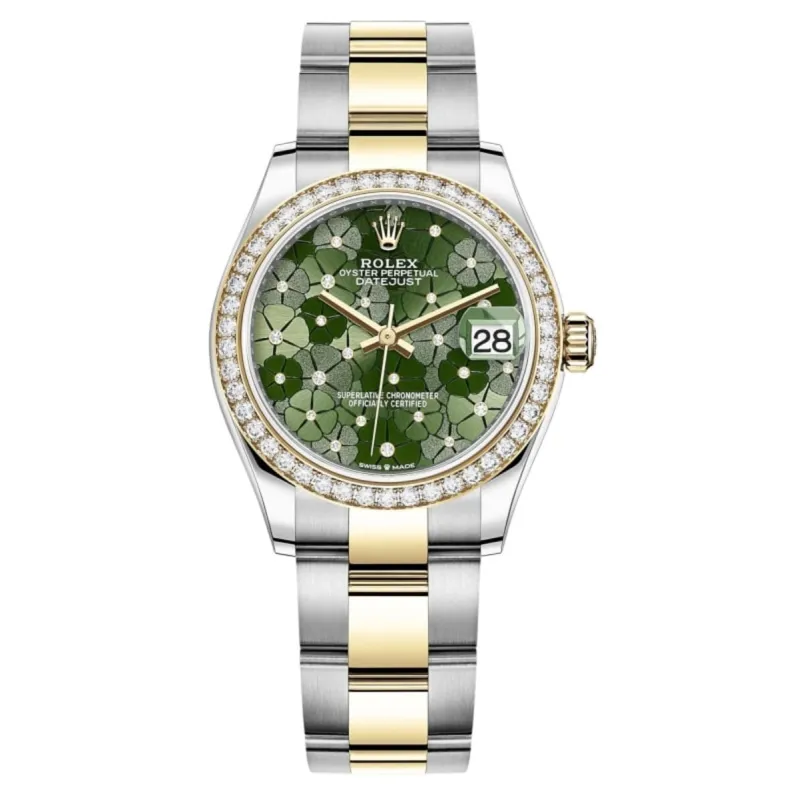Datejust 31 Stainless Steel and Yellow Gold Olive Green Floral-Motif Diamond Dial Diamond Bezel Women's Watch M278383RBR-0031
