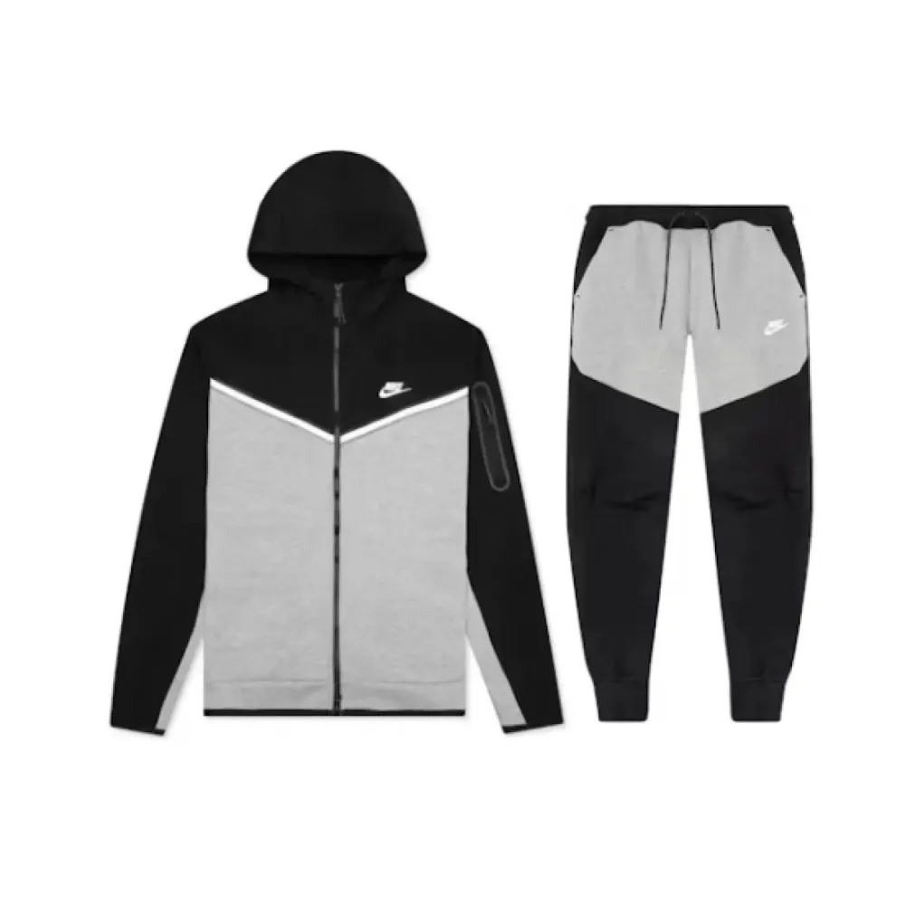 EM Sneakers Nike Sportswear Tech Fleece Full Zip Hoodie & Pant & Joggers Set Black and Gray Stitching