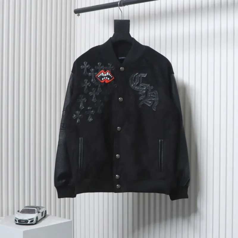 EM Sneakers Chrome Hearts Catwalk Embroidered Lips Patchwork Leather Baseball Jacket