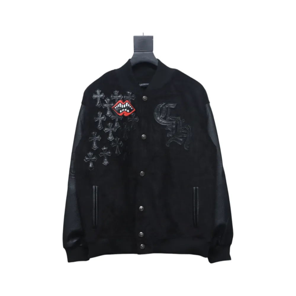 EM Sneakers Chrome Hearts Catwalk Embroidered Lips Patchwork Leather Baseball Jacket