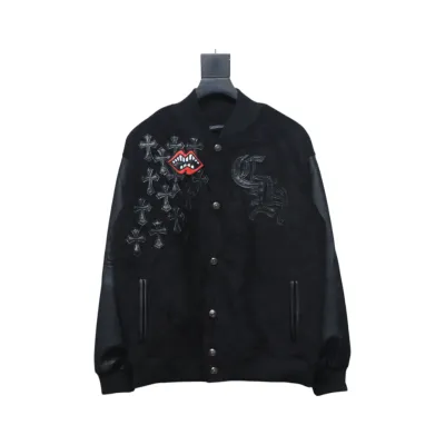 EM Sneakers Chrome Hearts Catwalk Embroidered Lips Patchwork Leather Baseball Jacket 01