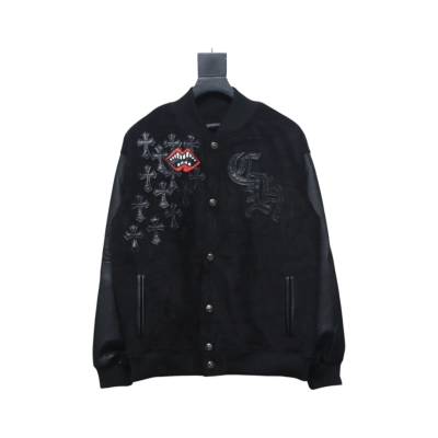 EM Sneakers Chrome Hearts Catwalk Embroidered Lips Patchwork Leather Baseball Jacket 01
