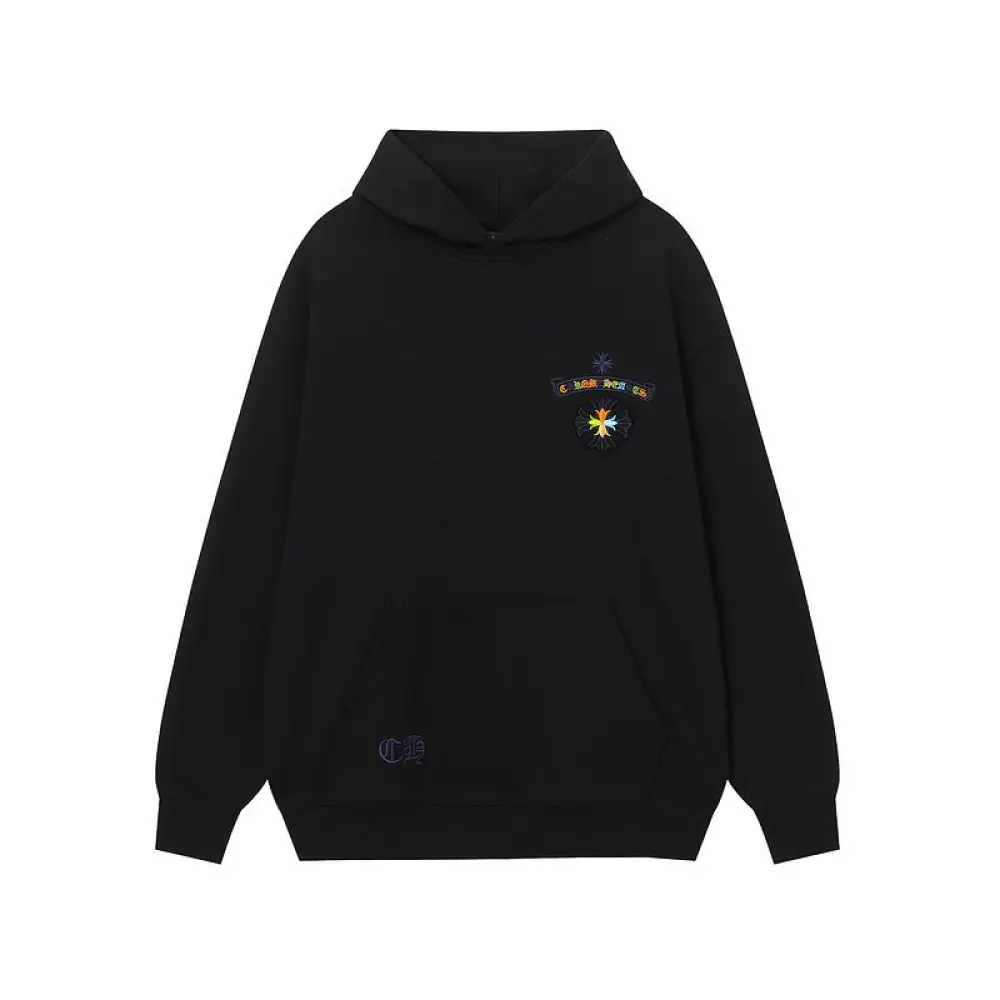 EM Sneakers Chrome Hearts Cross Sanskrit Colorful Letters Embroidery Print Hoodie Black & White