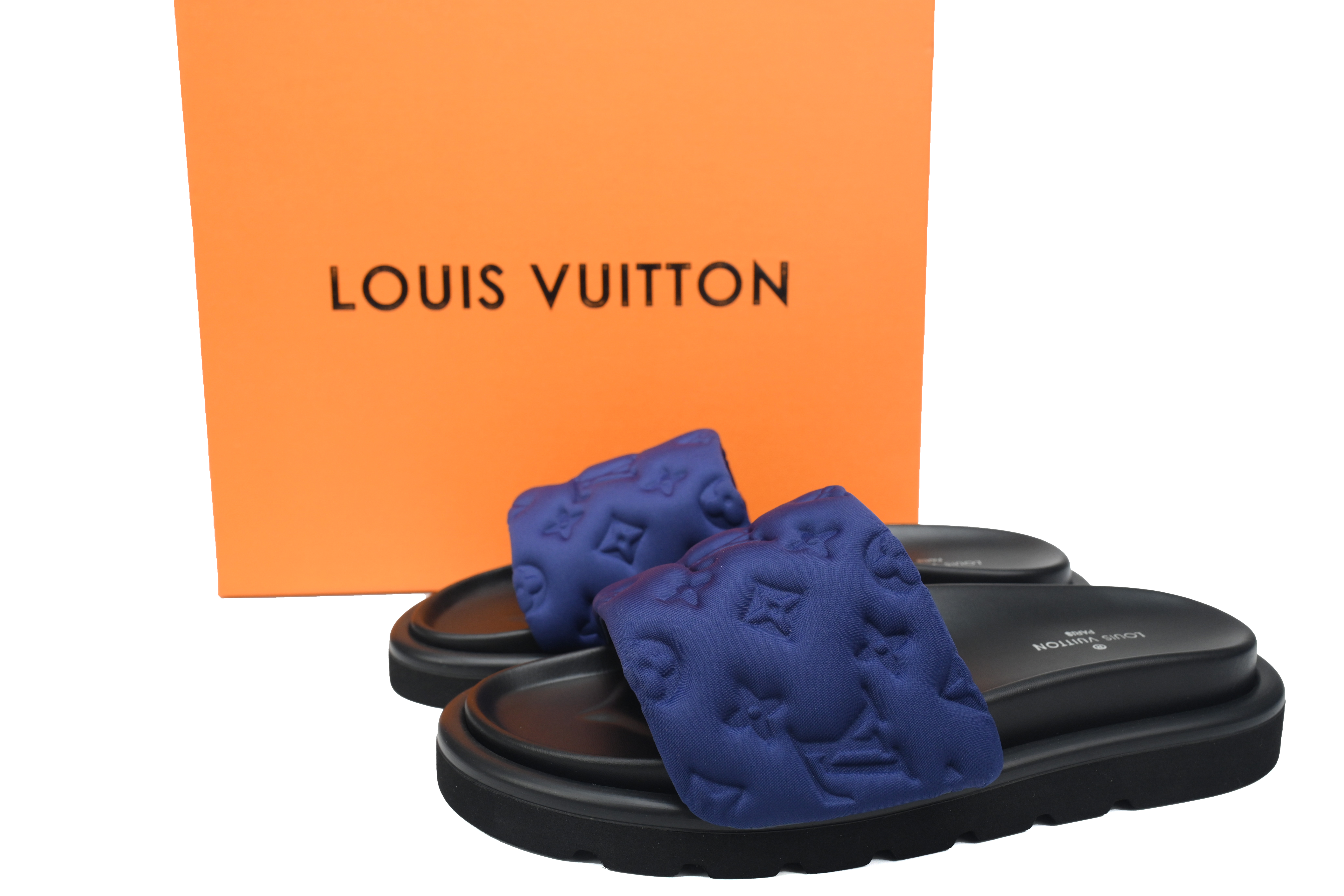 EM Sneakers  Louis Vuitton Pool Pillow Comfort Mules Dark Blue Embossing