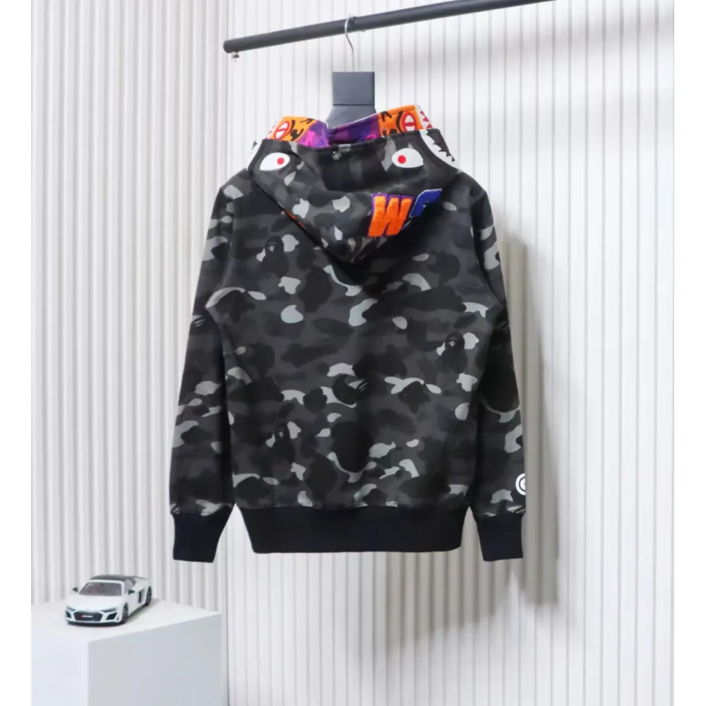 EM Sneakers BAPE Shark Head Tiger Head Zipper Camouflage Double Hooded Dark Gray